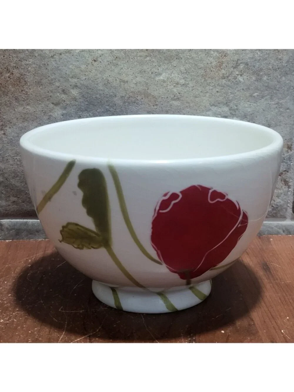 White Ceramic Sur La Table Dish Bowl Red Poppy Design